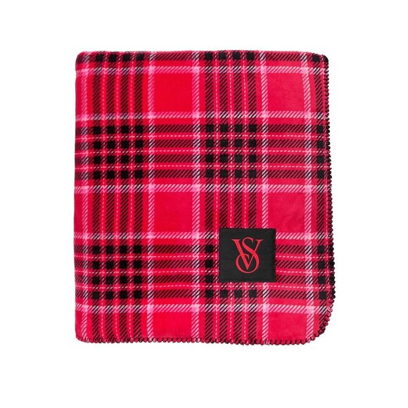 Victoria's Secret Cozy Plush Blanket Red/Blk Plaid Fleece Sherpa Christmas 60x50 - Picture 2 of 3